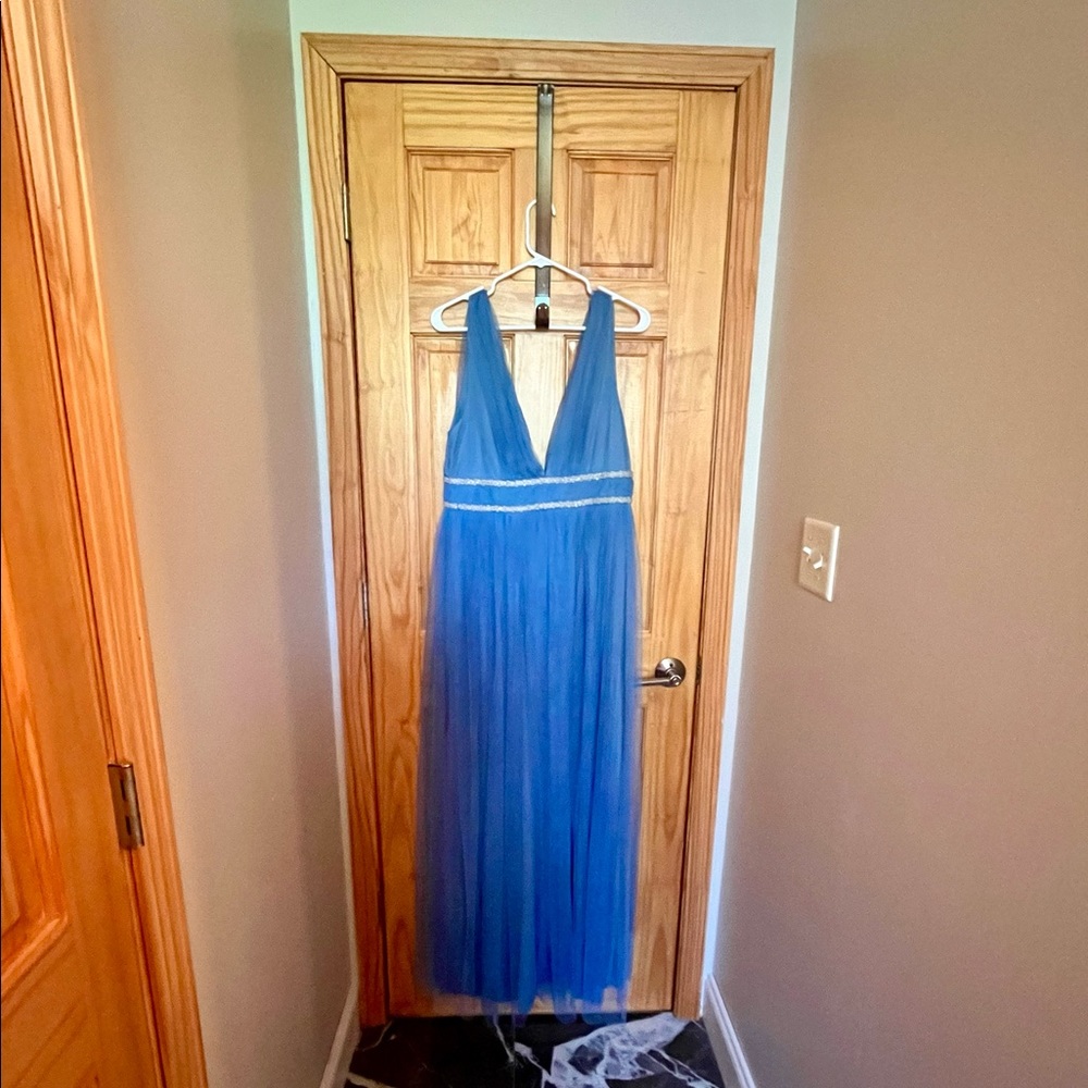 V Neck and Back Slate Blue Beaded Tulle Dress